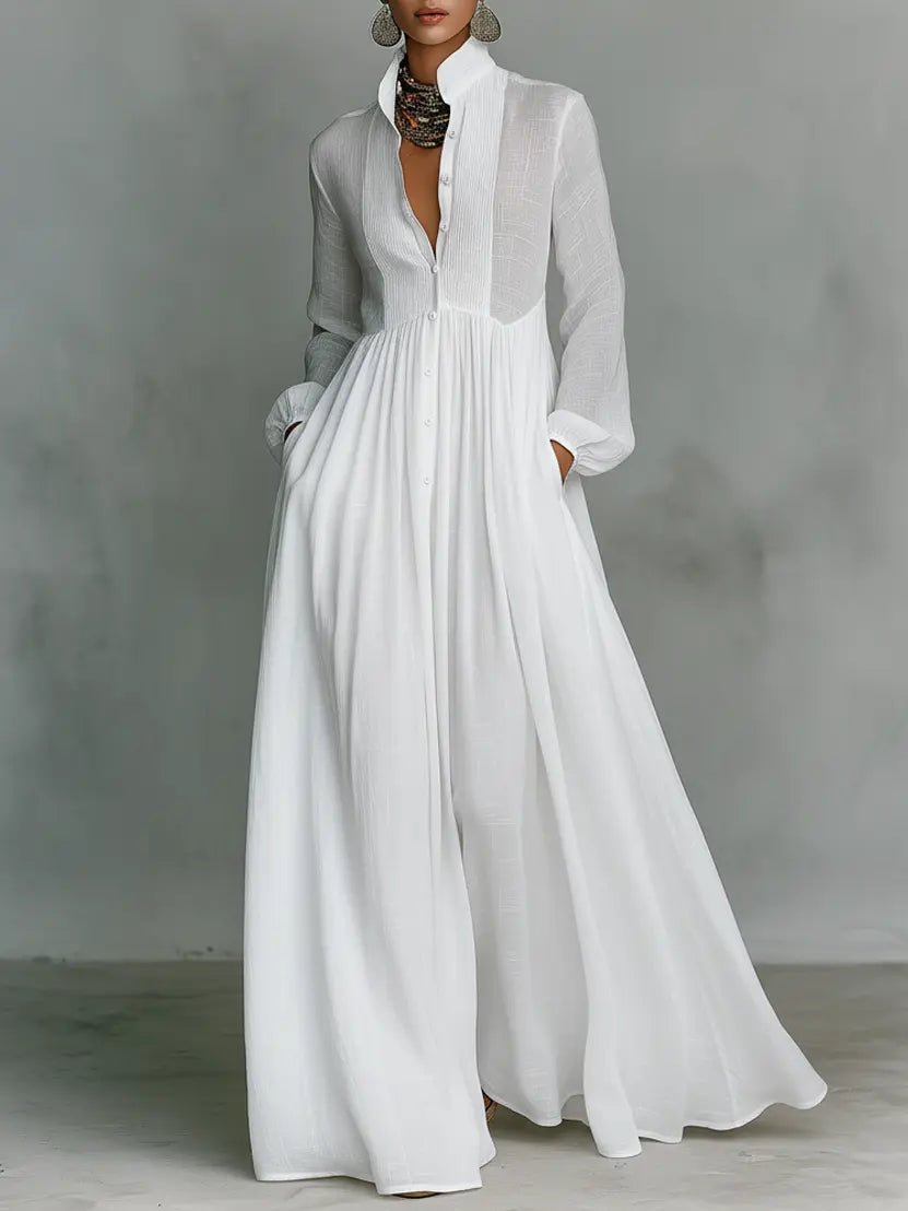 Maxi dress featuring a stylish patchwork linen design, elegant stand-up collar, and convenient button closure, perfect for casual or semi-formal occasions. 0